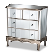 Baxton Studio Elgin Contemporary Glam and Luxe Brushed Silver Finished Wood and Mirrored Glass 4-Drawer Cabinet